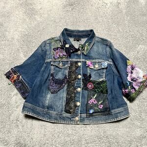 Lee Andersen Jean Jacket Womens Large Short Sleeve Floral Embroidered